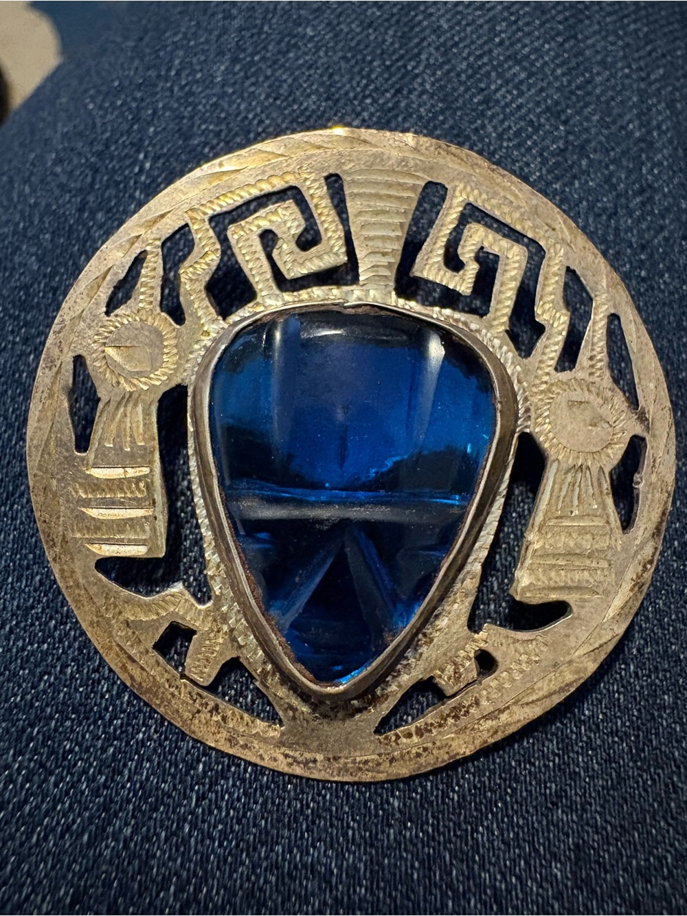 VINTAGE Mexican Sterling Silver Brooch with Carved Blue Center